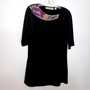 SIMONTON Says Elegant Black Top with Colorful Embellished Neckline NWOT Size M